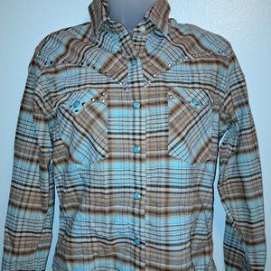 ROUGH STOCK~PANHANDLE SLIM~WOMEN'S PEARL SNAP~PLAID WESTERN SHIRT W/STUDS~M